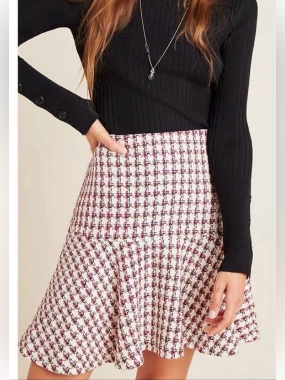 Maeve Tweed Mini Skirt in Cream and Burgundy